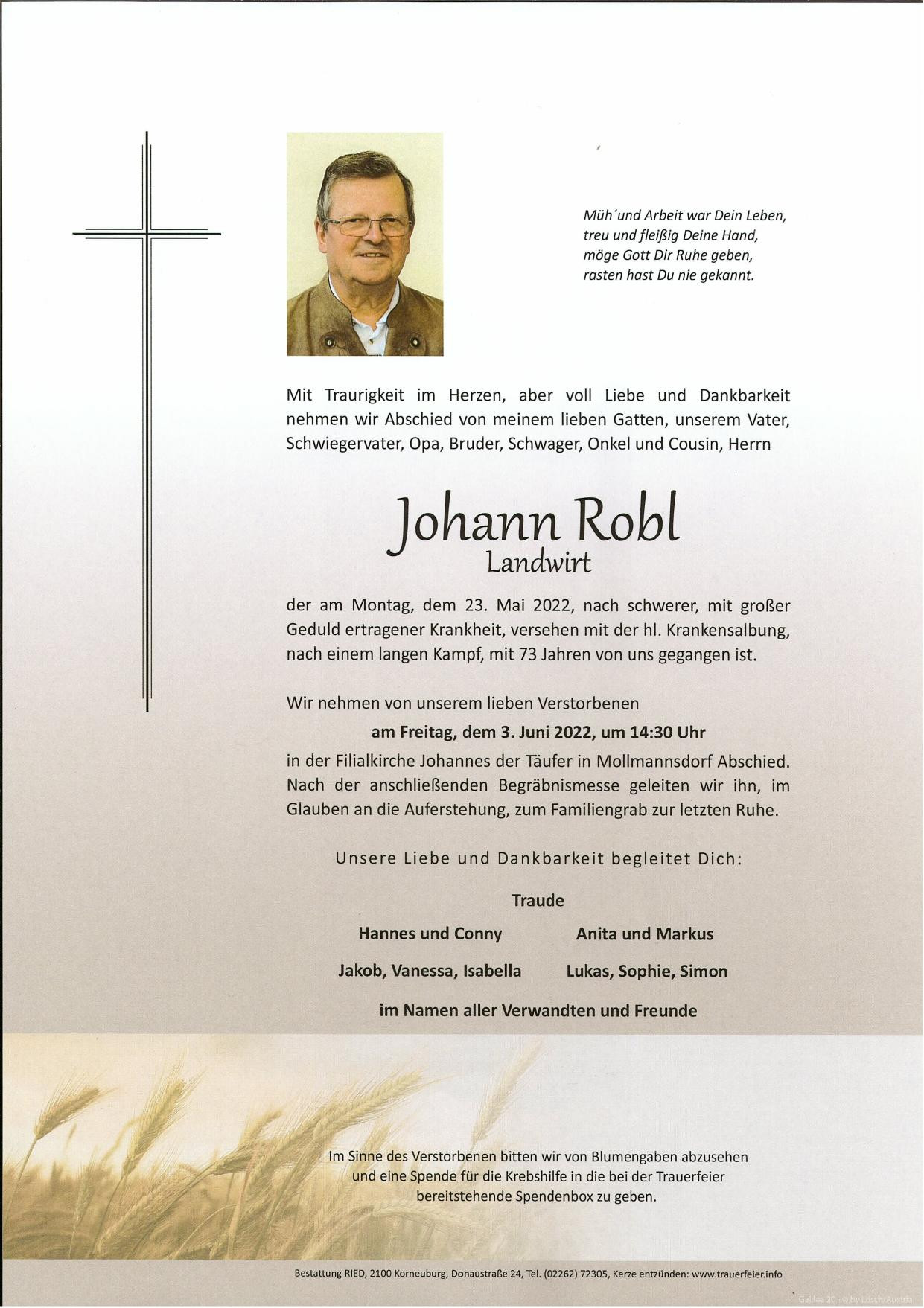 Traueranzeige von Johann Robl