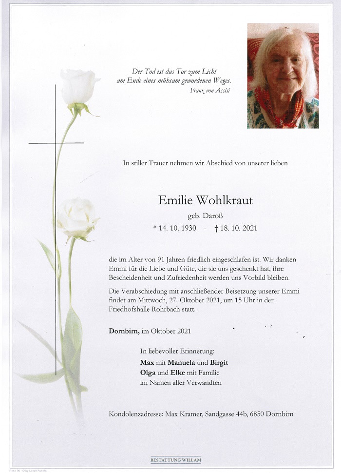 Traueranzeige von Emilie Wohlkraut