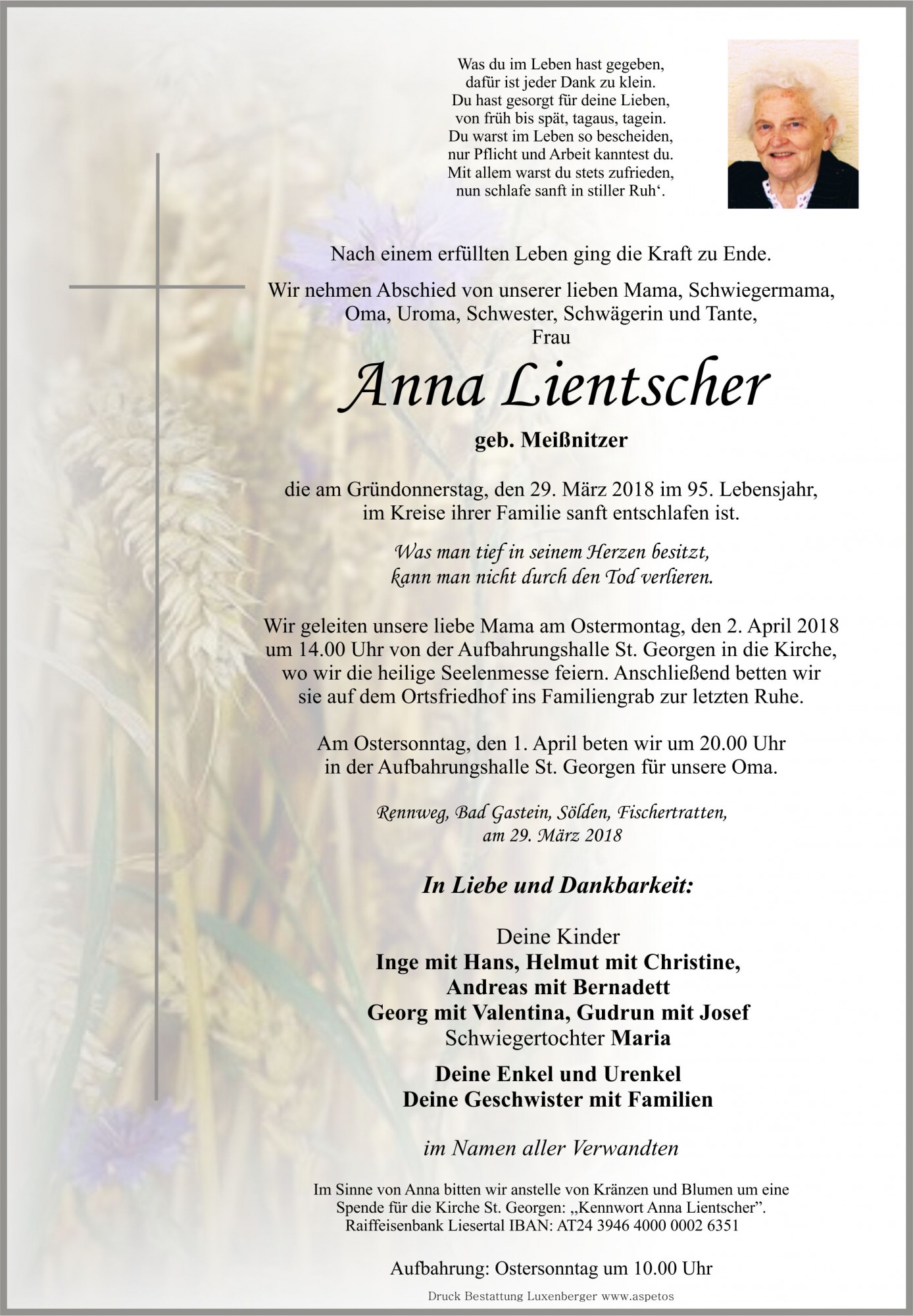 Traueranzeige von Anna Lientscher