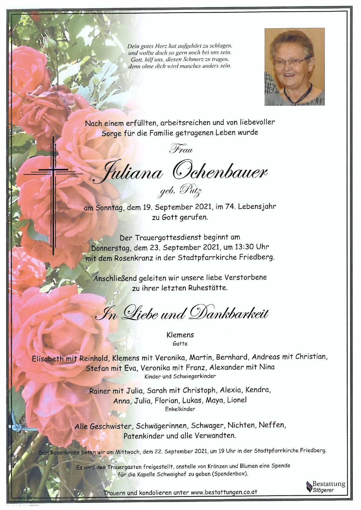 Traueranzeige von Juliana Ochenbauer
