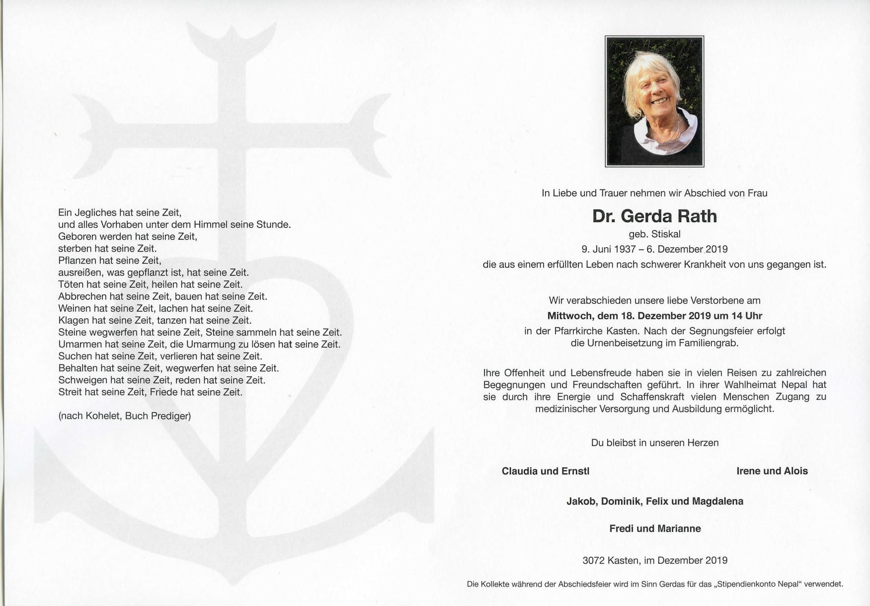 Traueranzeige von Dr. Gerda Rath