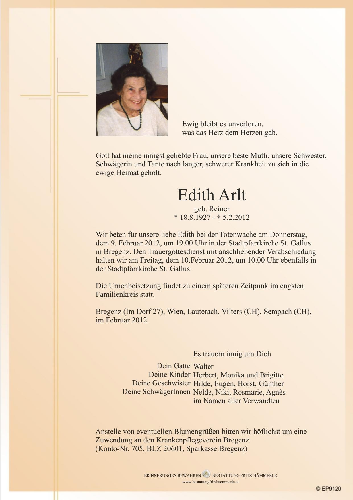 Traueranzeige von Edith Arlt