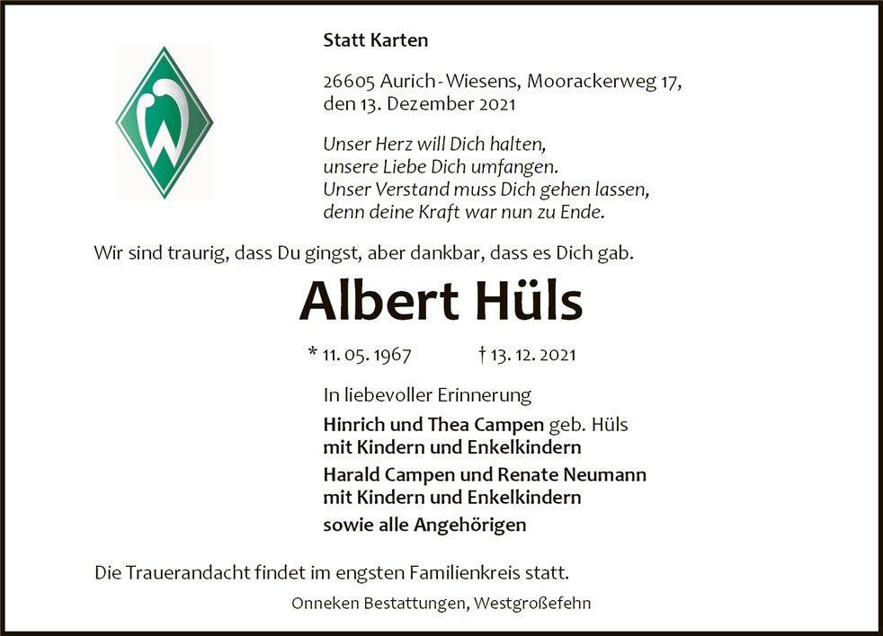 Traueranzeige von Albert Hüls