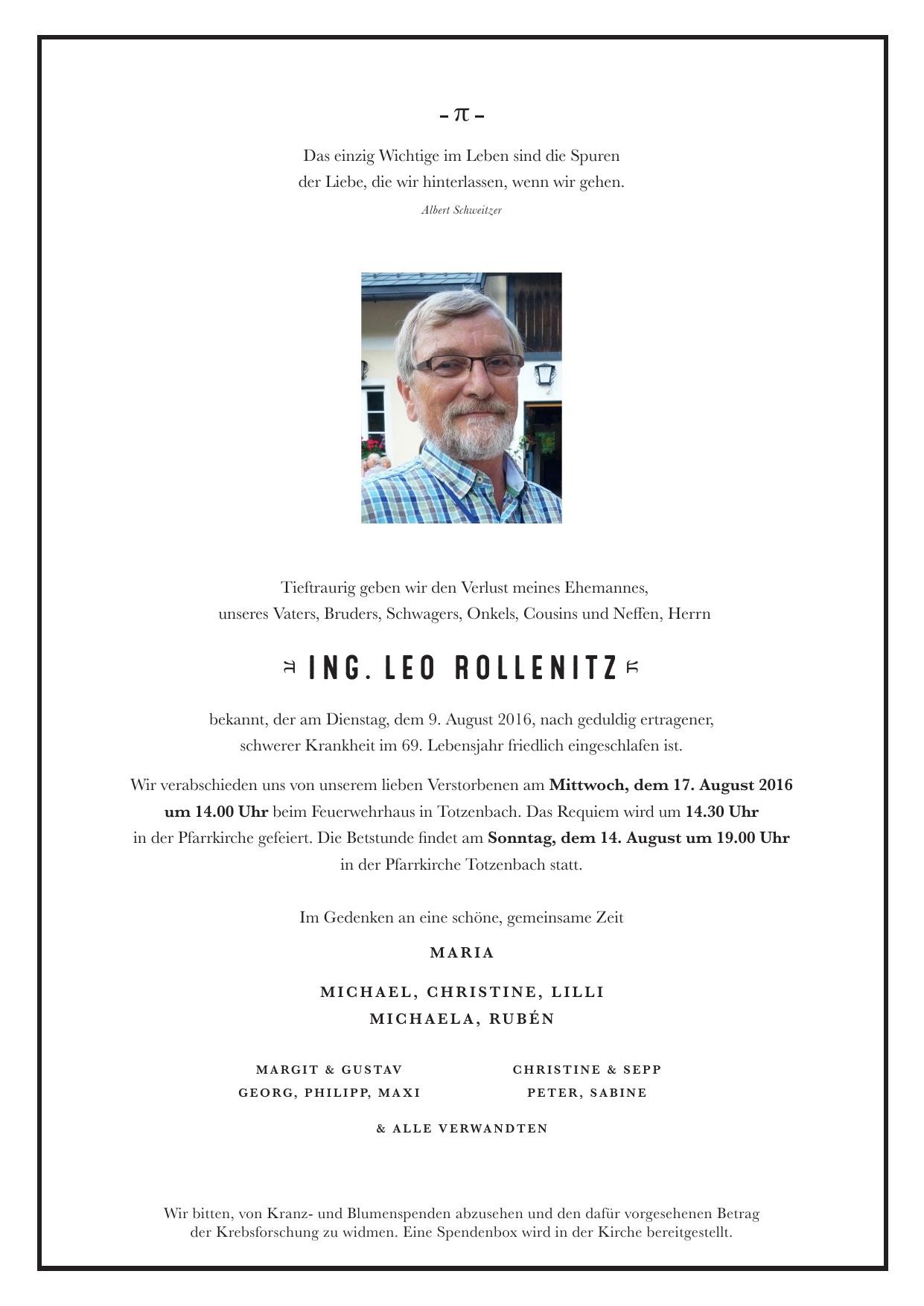 Traueranzeige von Ing. Leo Rollenitz