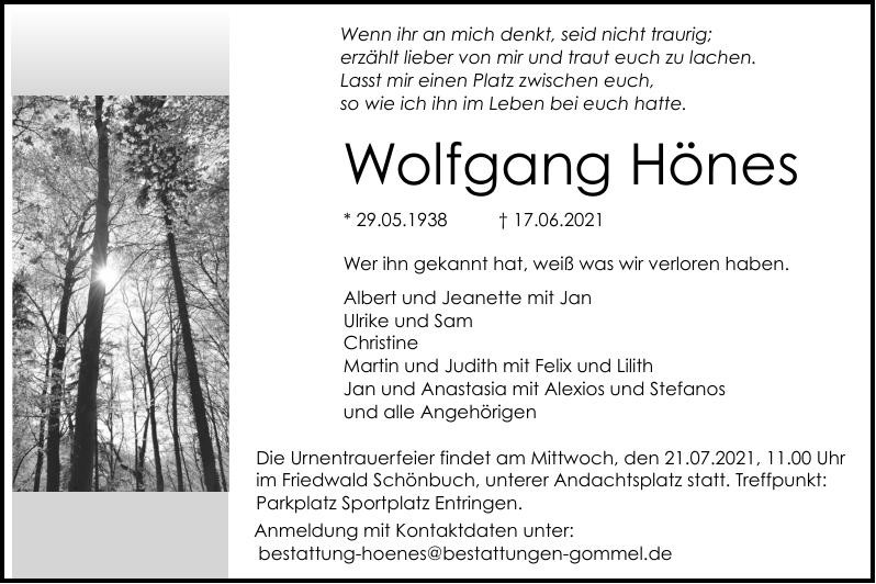 Traueranzeige von Wolfgang Hönes