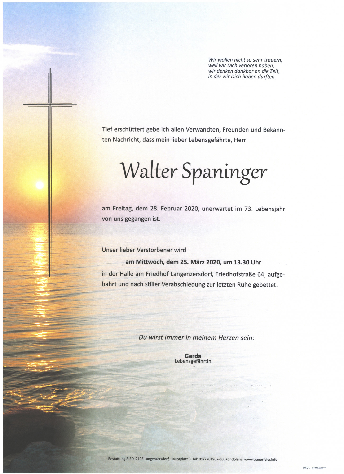 Traueranzeige von Walter Spaninger