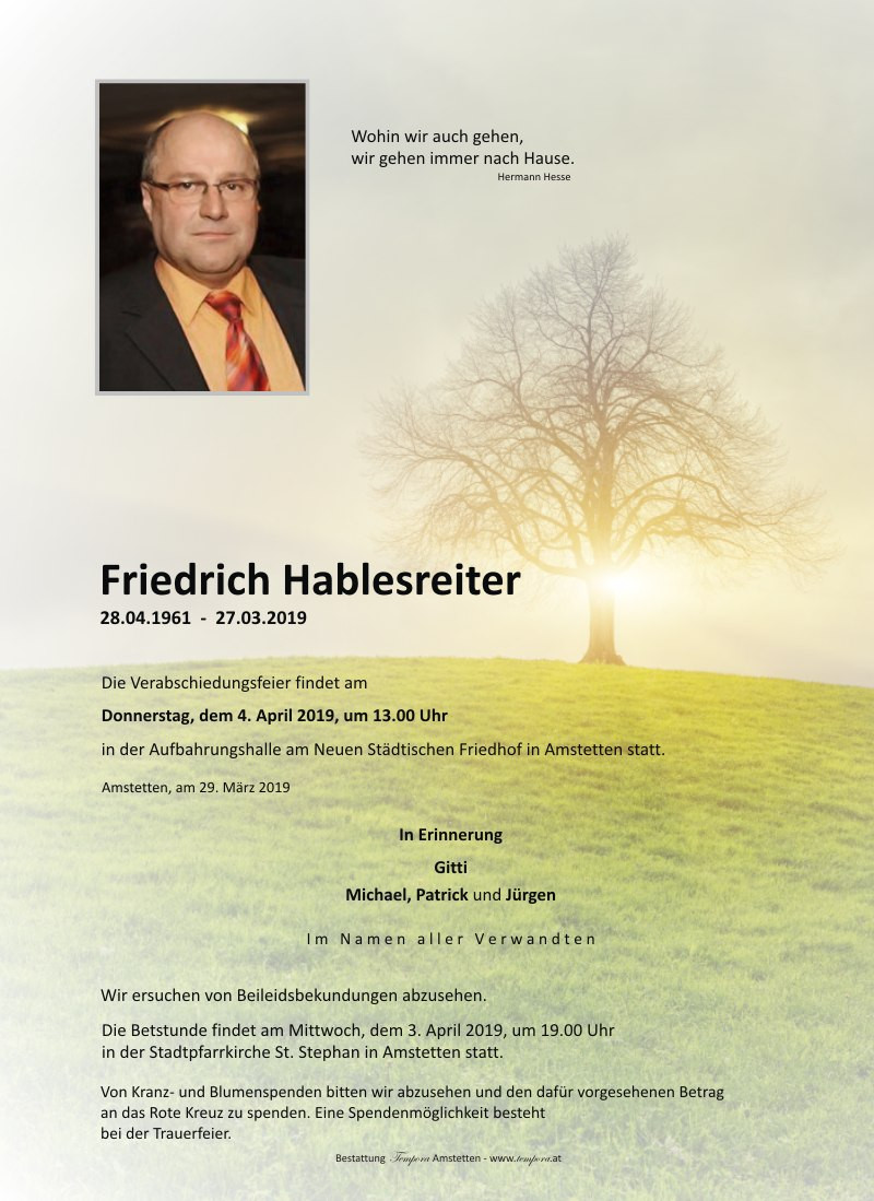 Traueranzeige von Friedrich Hablesreiter