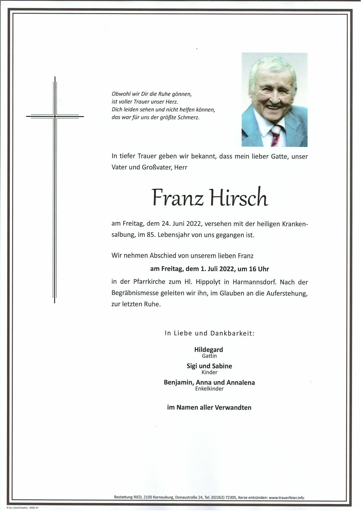 Traueranzeige von Franz Hirsch