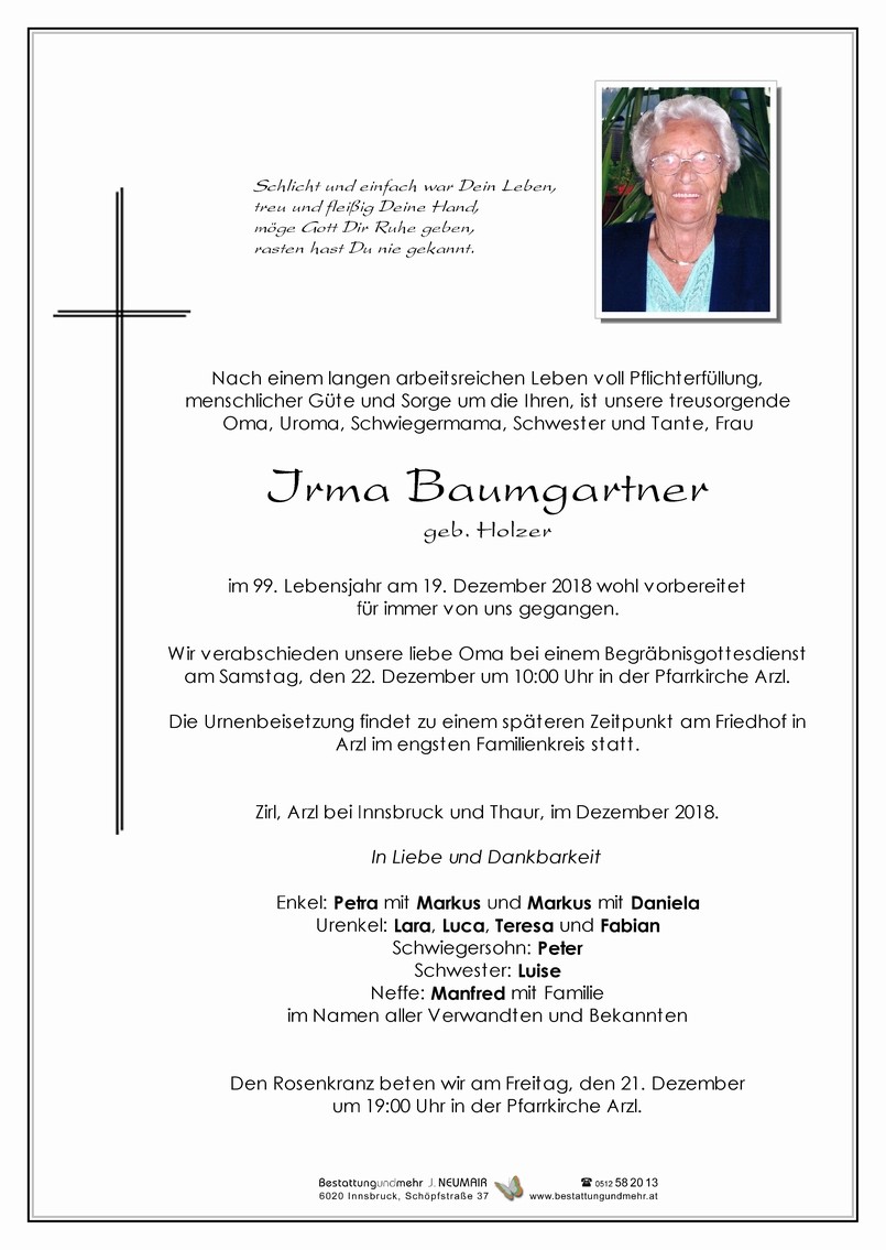 Traueranzeige von Irma Baumgartner