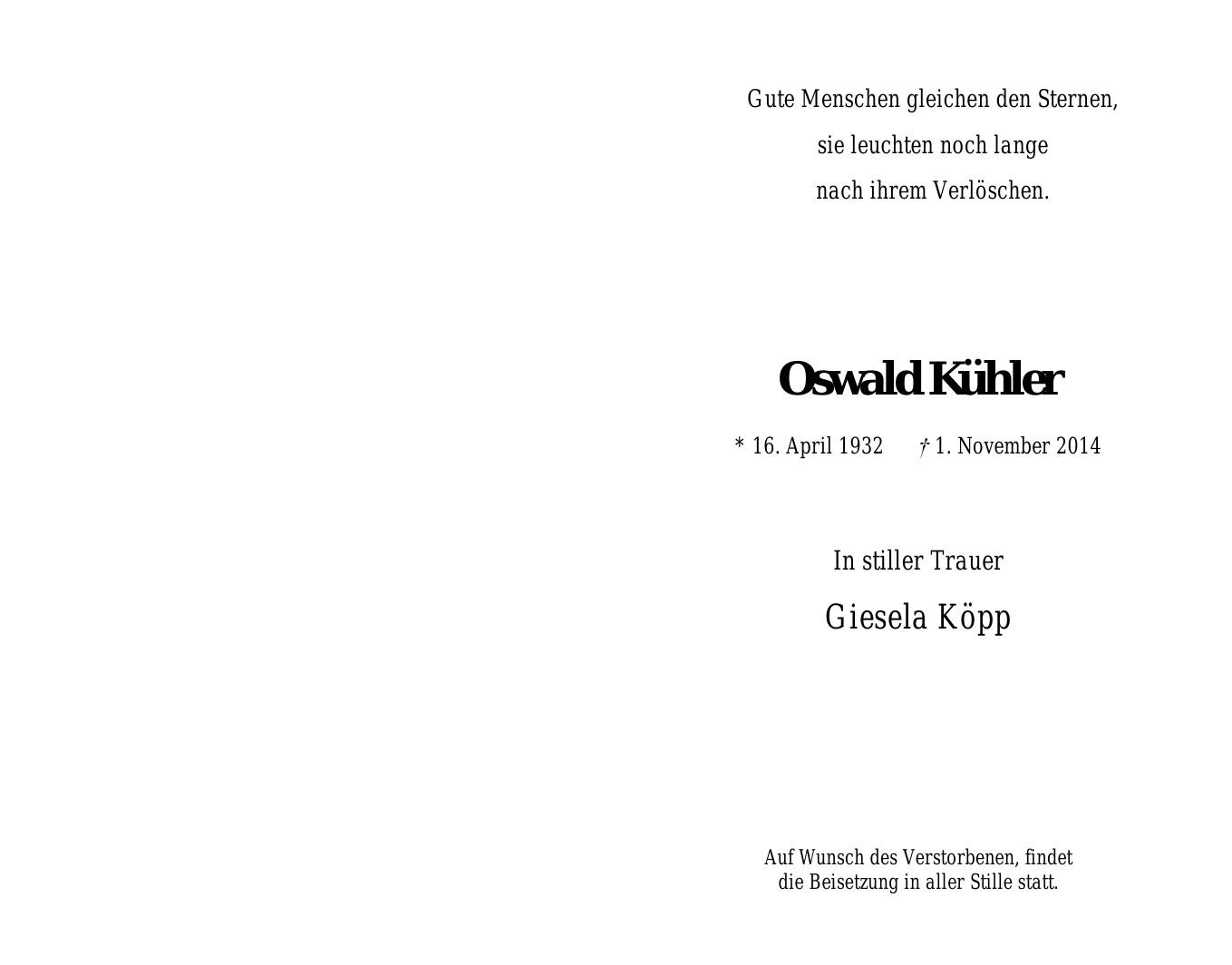 Traueranzeige von Oswald Kühler