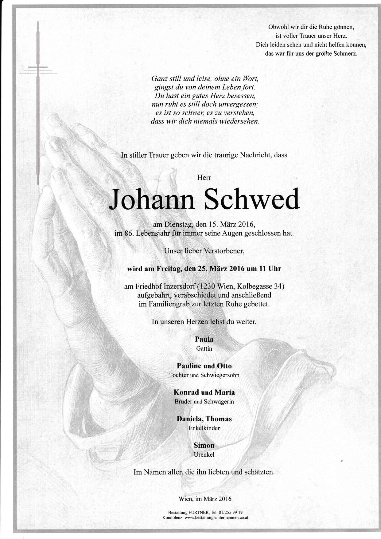 Traueranzeige von Johann Schwed