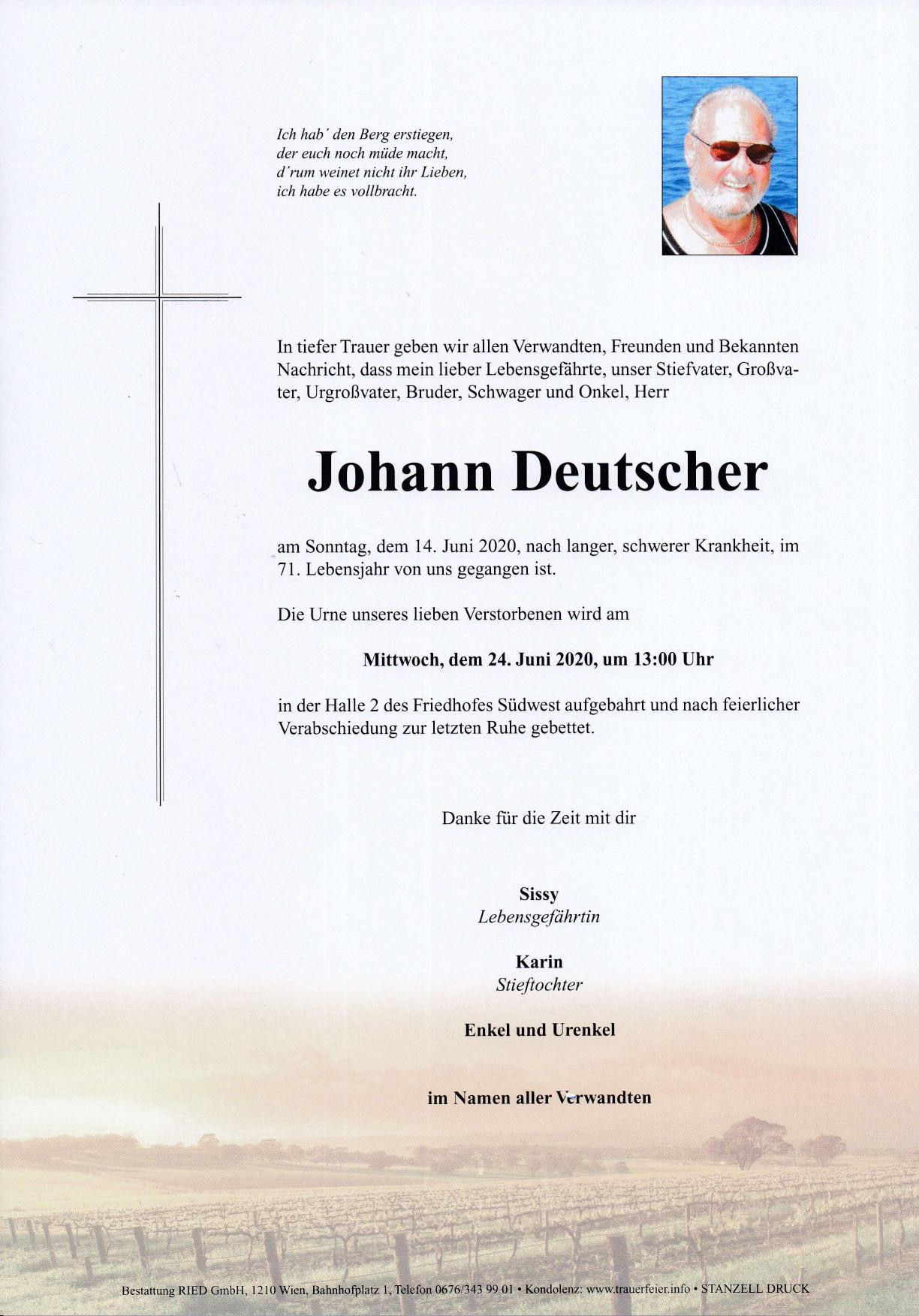 Traueranzeige von Johann Deutscher