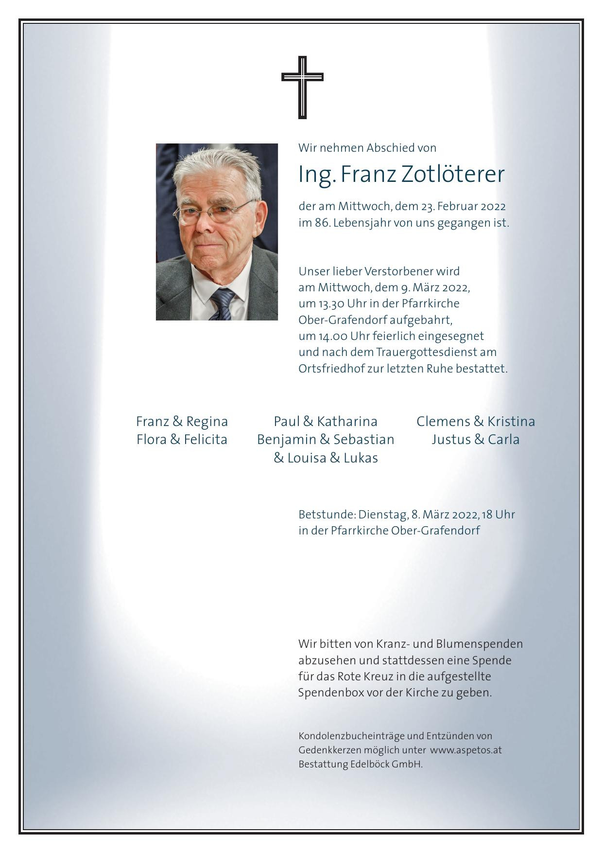 Traueranzeige von Ing. Franz Zotlöterer