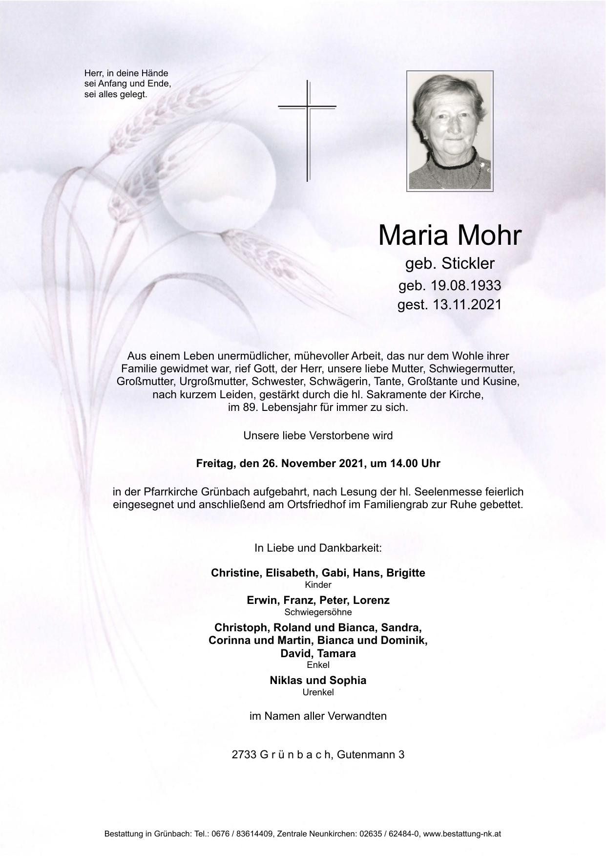 Traueranzeige von Maria Mohr