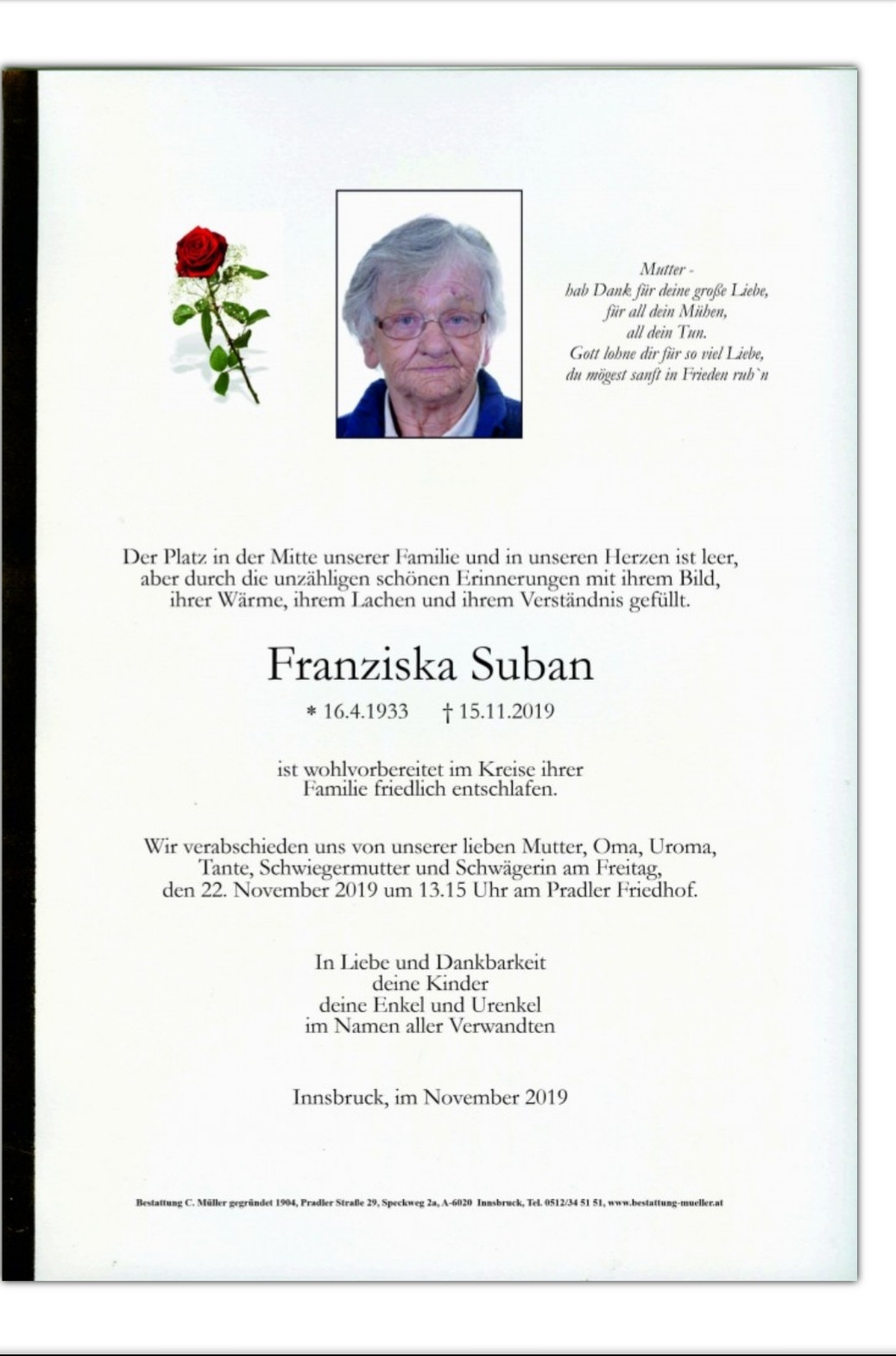 Traueranzeige von Franziska Suban