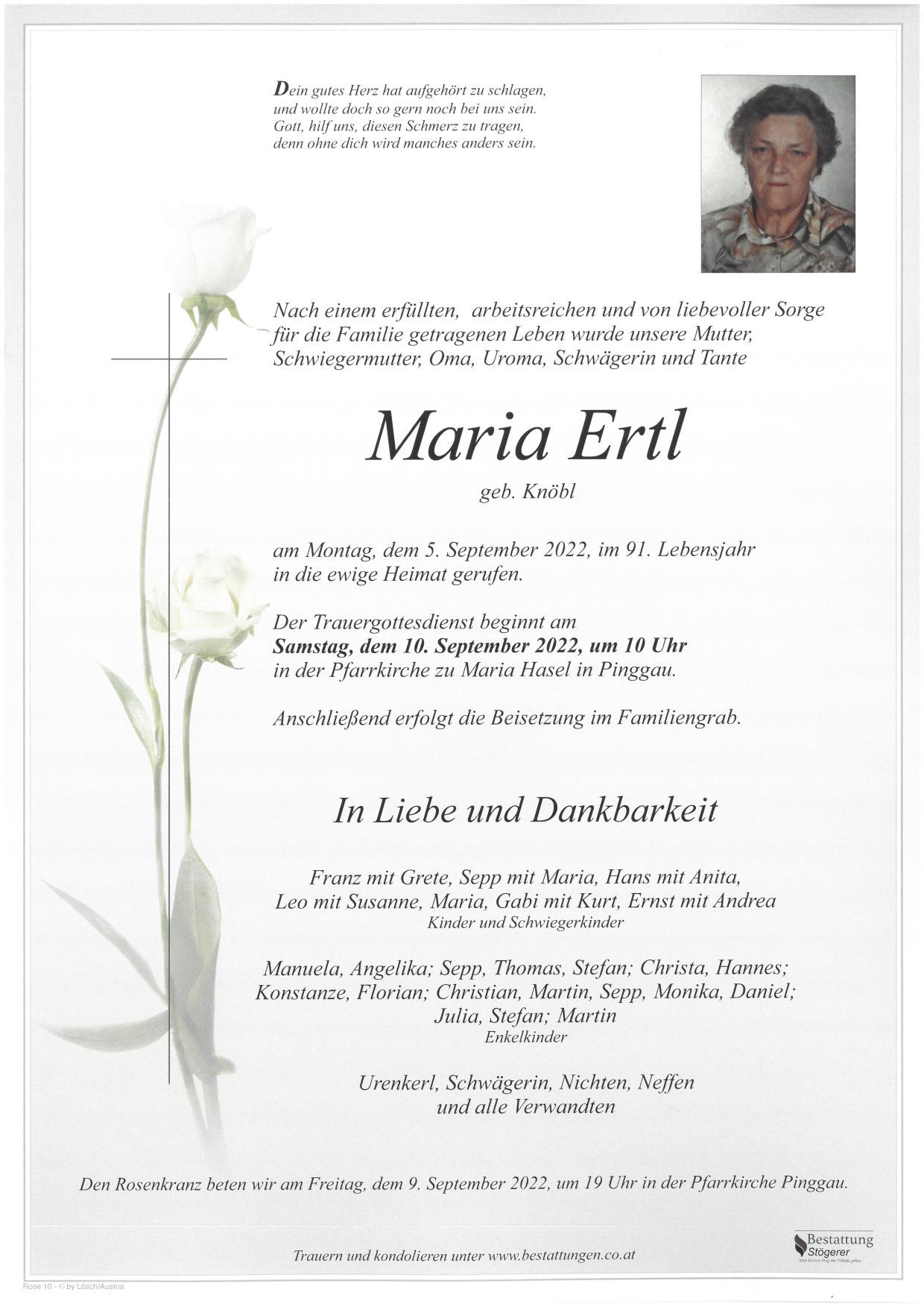 Traueranzeige von Maria Ertl