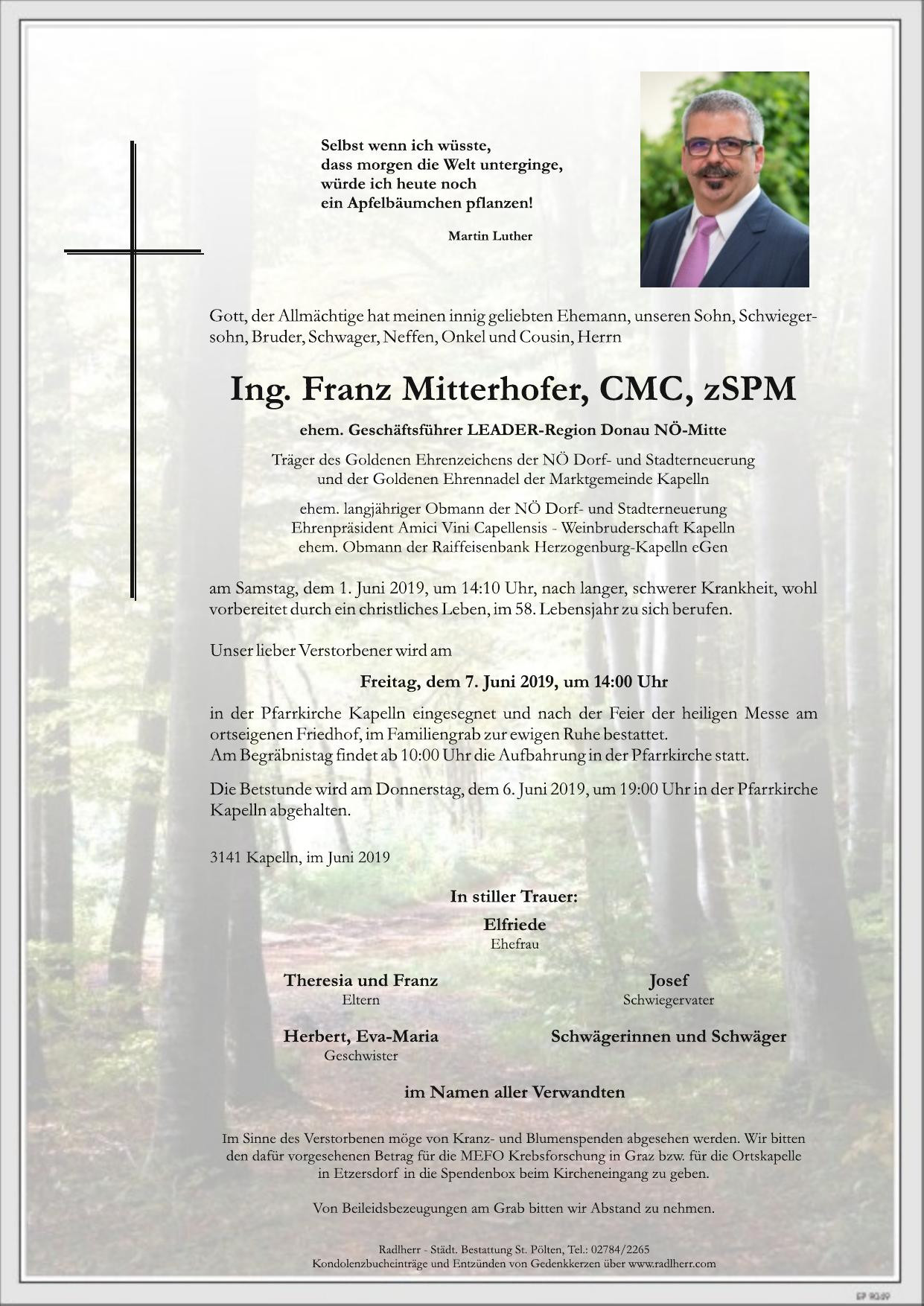 Traueranzeige von Franz Mitterhofer