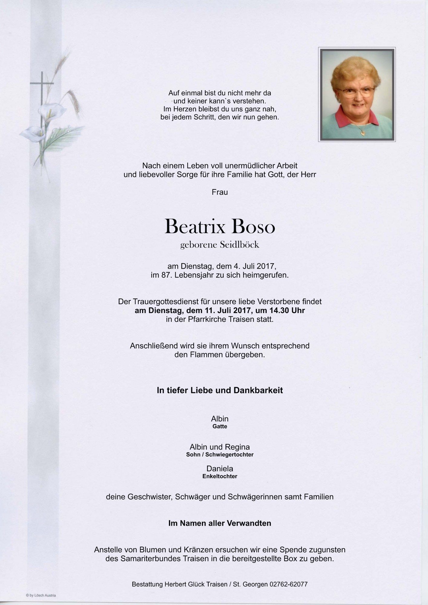 Traueranzeige von Beatrix Boso