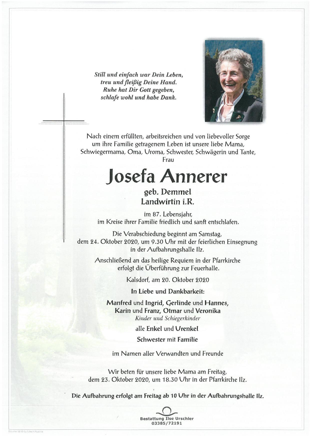 Traueranzeige von Josefa Annerer