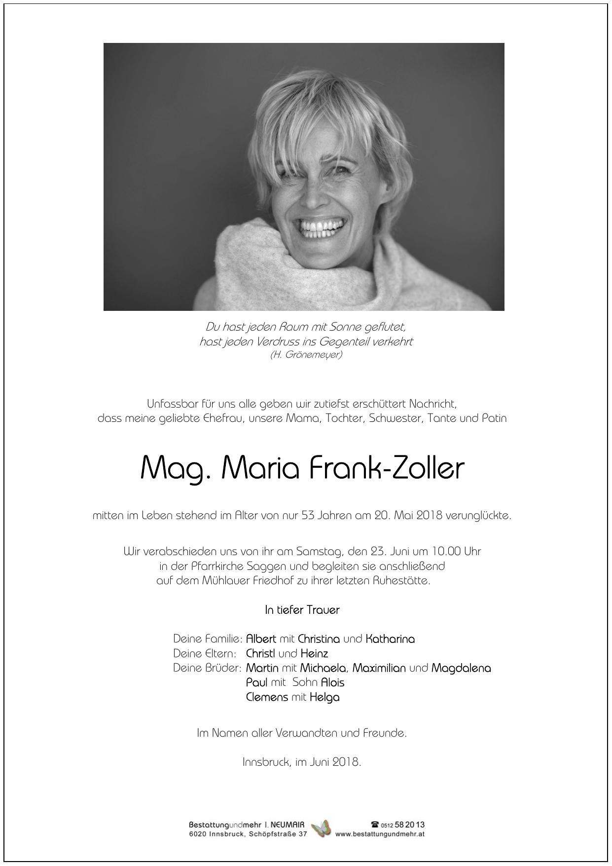 Traueranzeige von Mag. Maria Frank-Zoller
