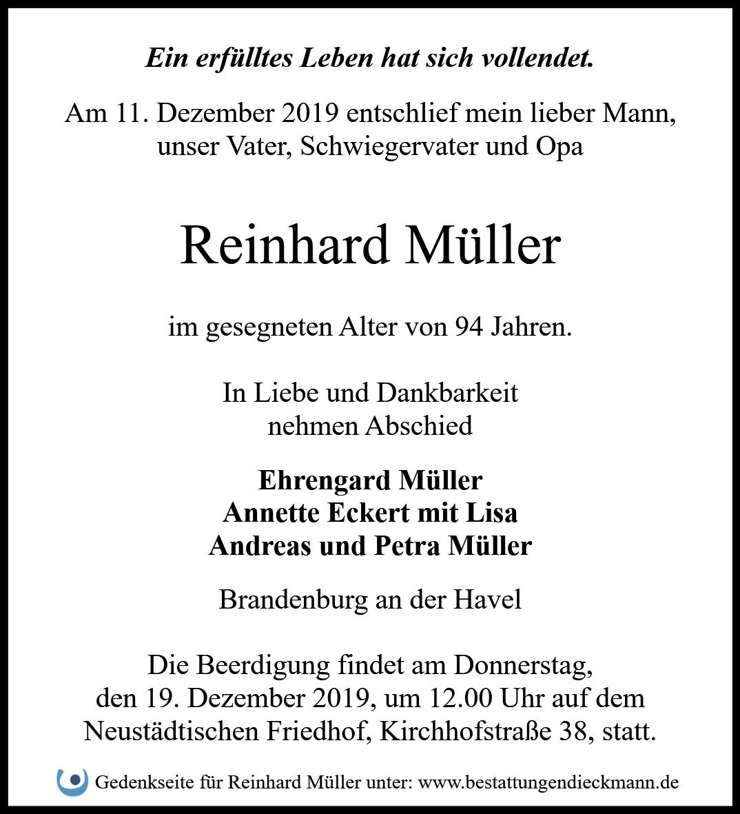 Traueranzeige von Reinhard Müller