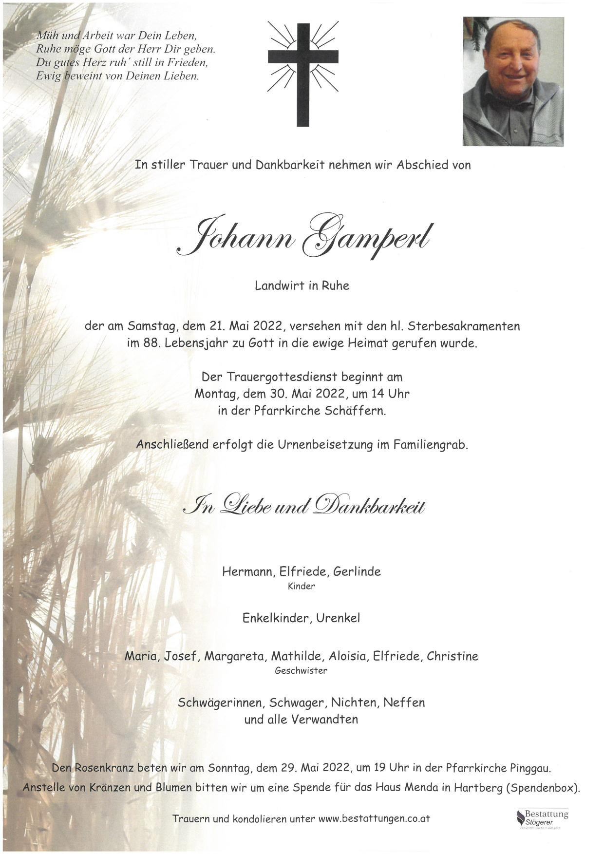 Traueranzeige von Johann Gamperl