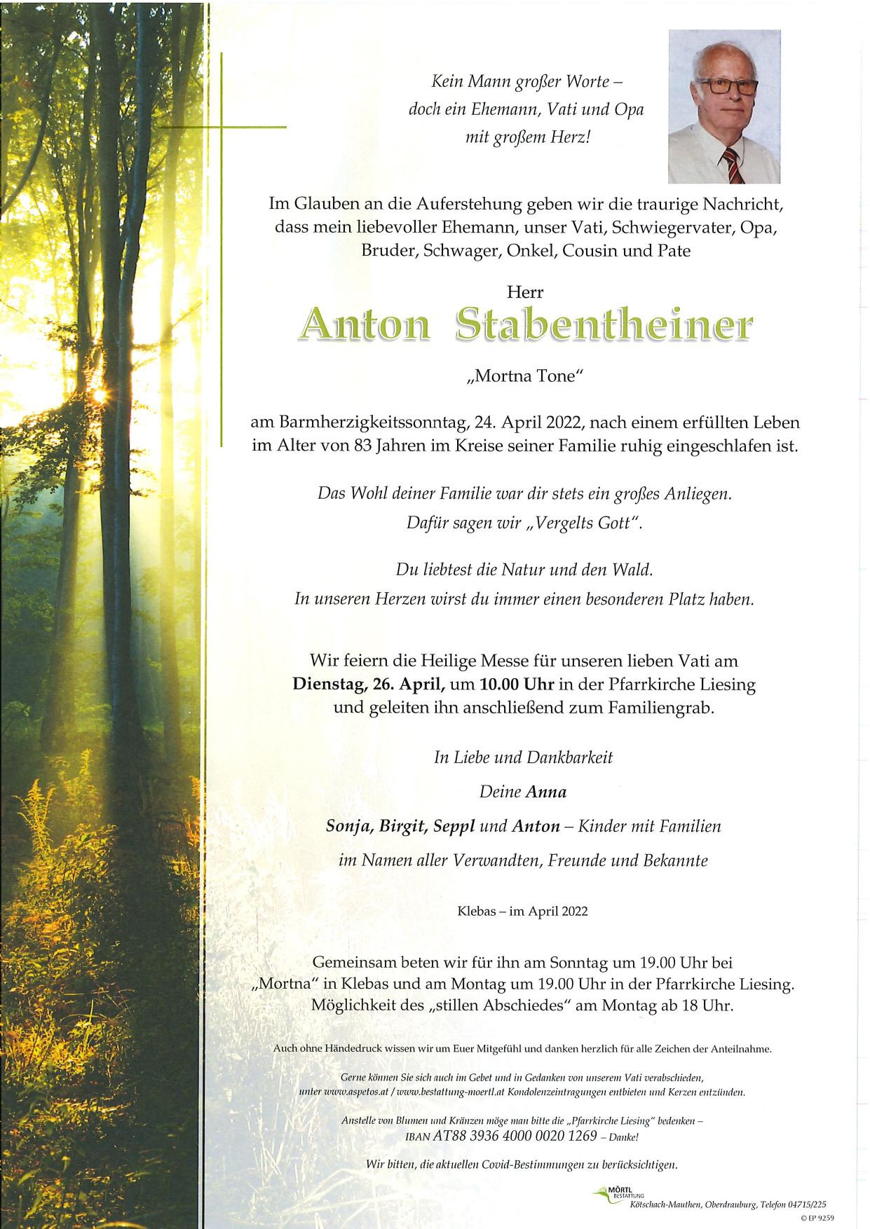 Traueranzeige von Anton Stabentheiner