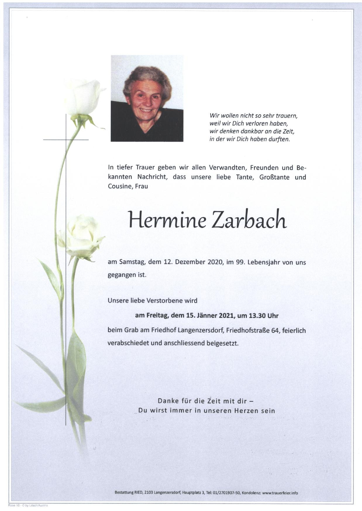 Traueranzeige von Hermine Zarbach