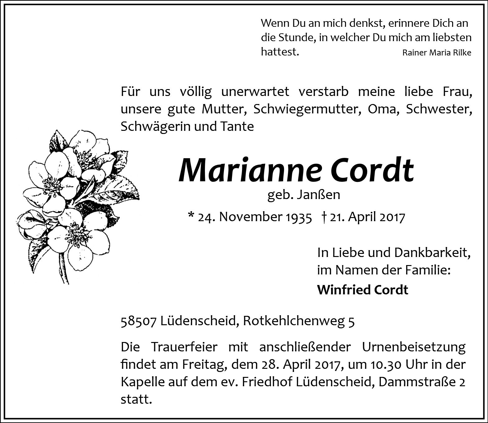 Traueranzeige von Marianne Cordt