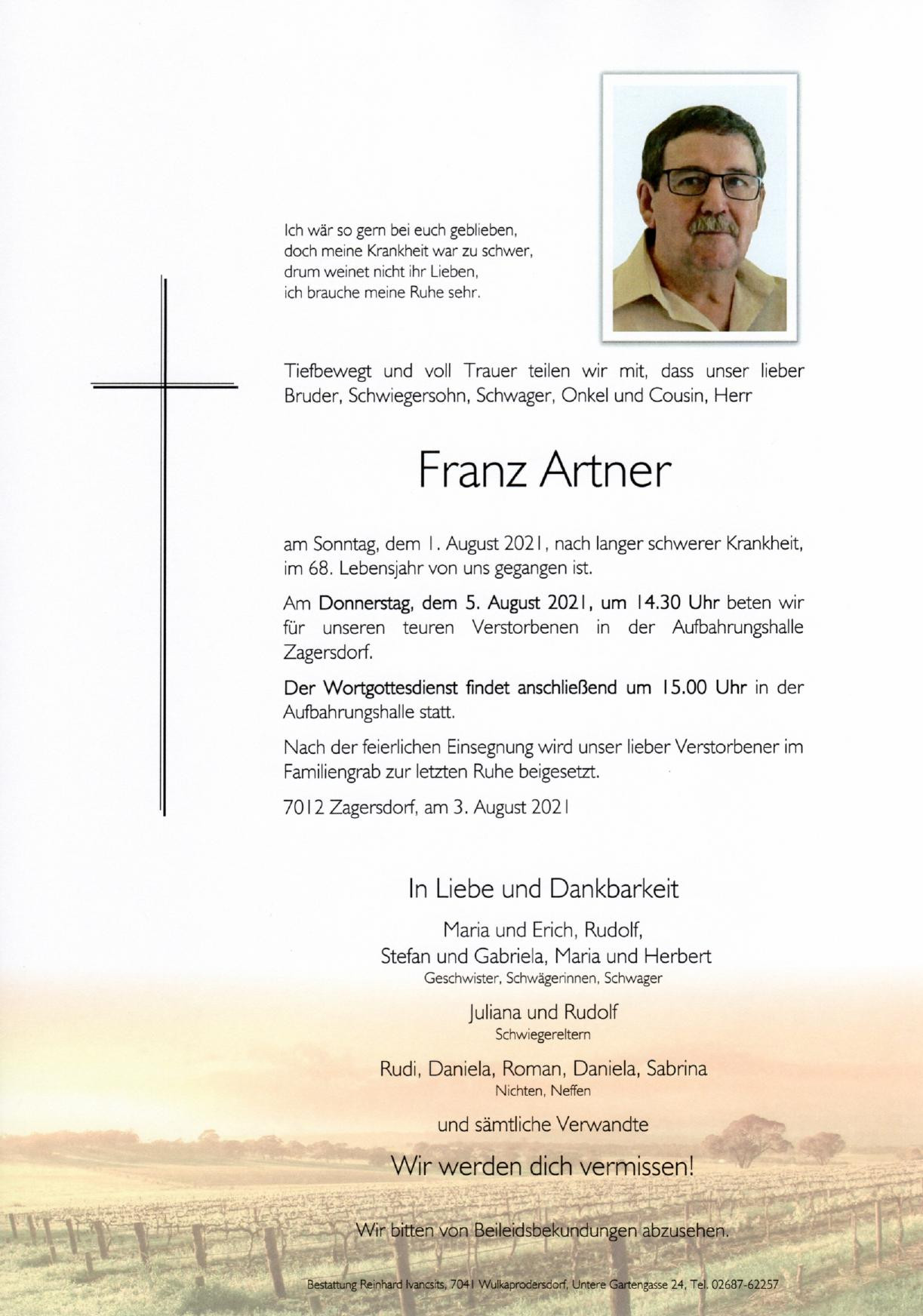 Traueranzeige von Franz Artner