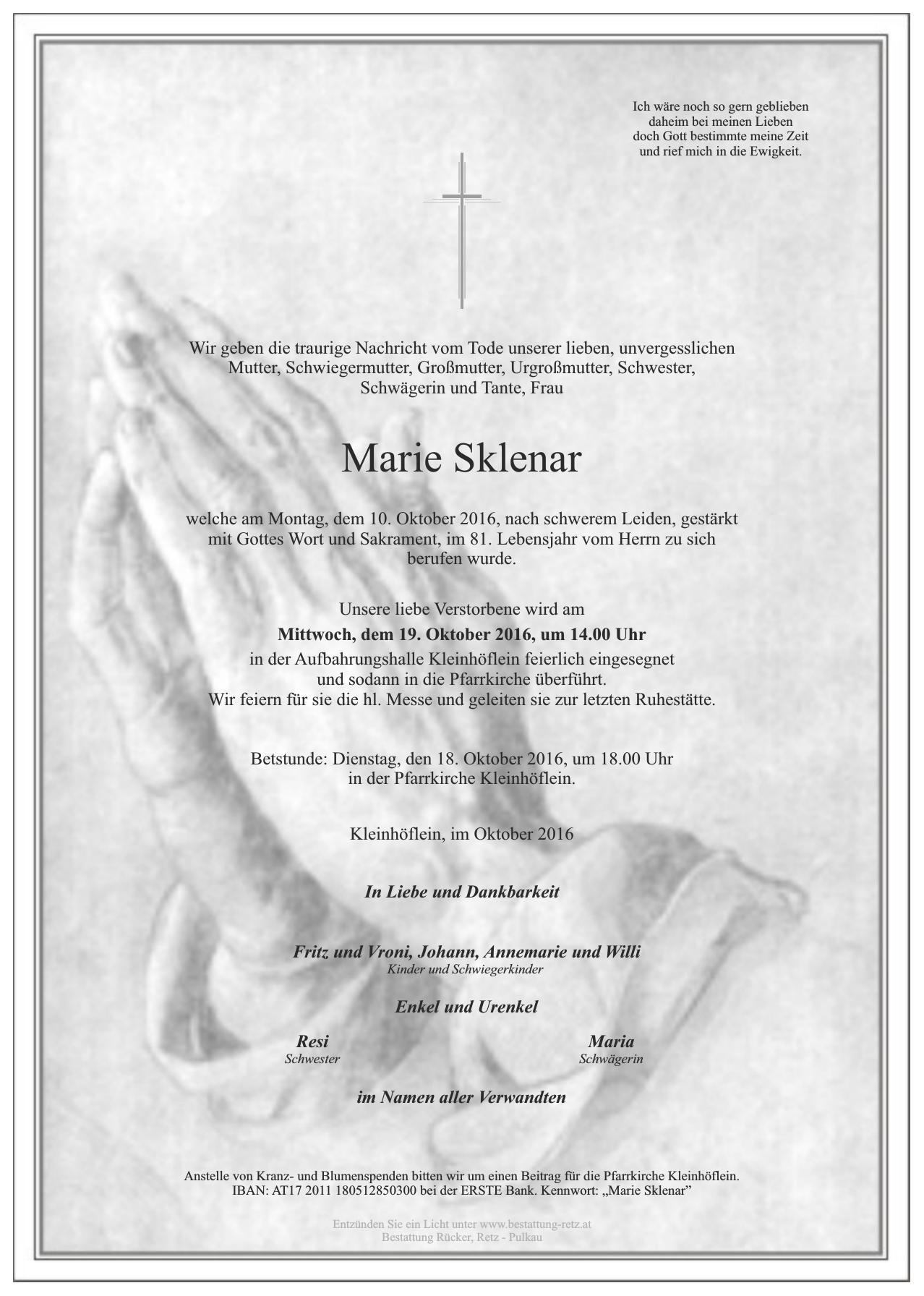 Traueranzeige von Marie Sklenar