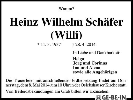 Traueranzeige von Heinz Wilhelm Schäfer