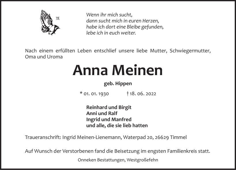 Traueranzeige von Anna Meinen