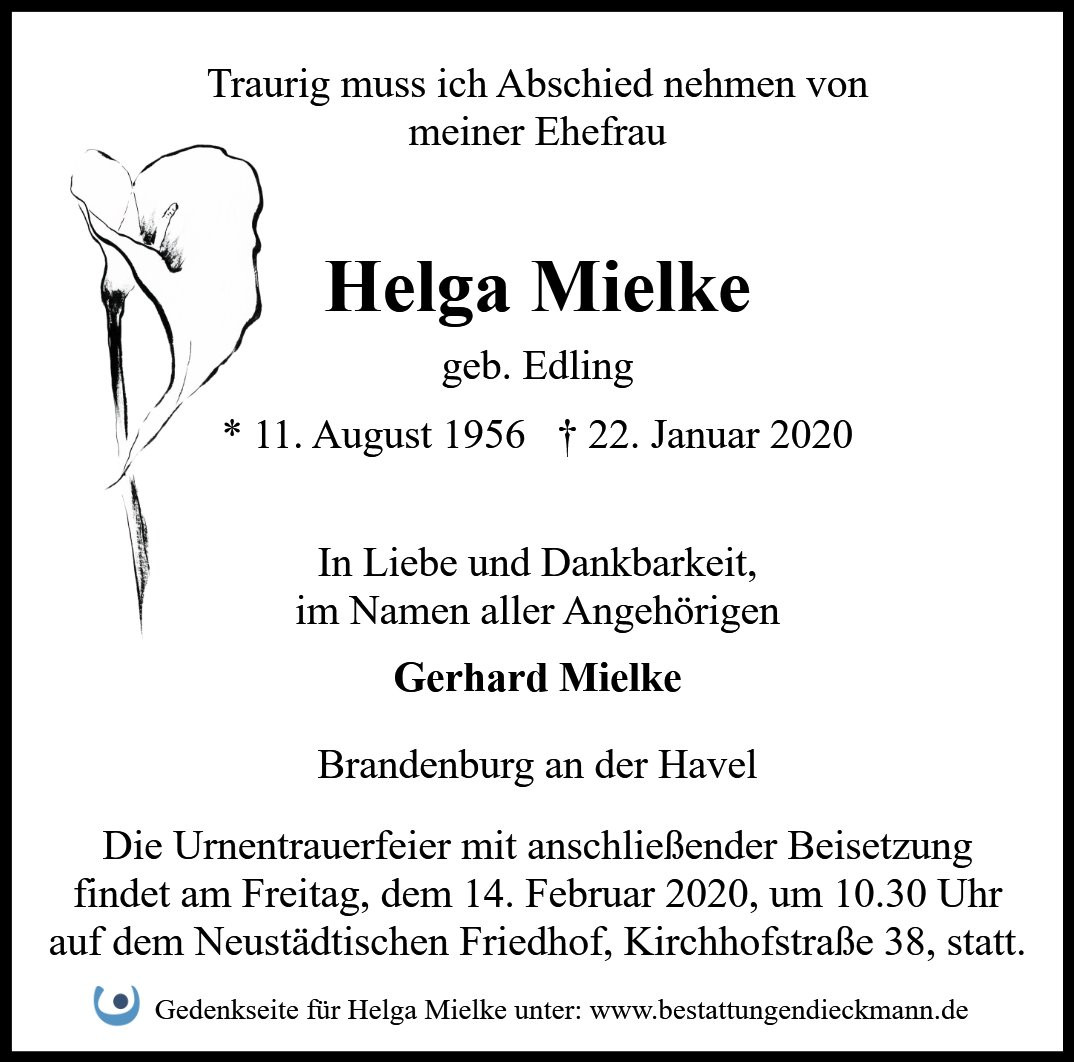 Traueranzeige von Helga Mielke
