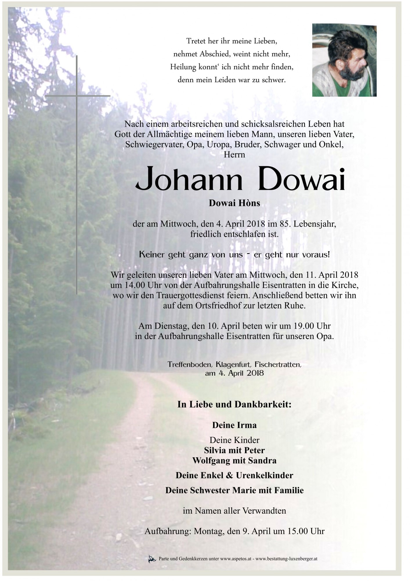 Traueranzeige von Johann Dowai