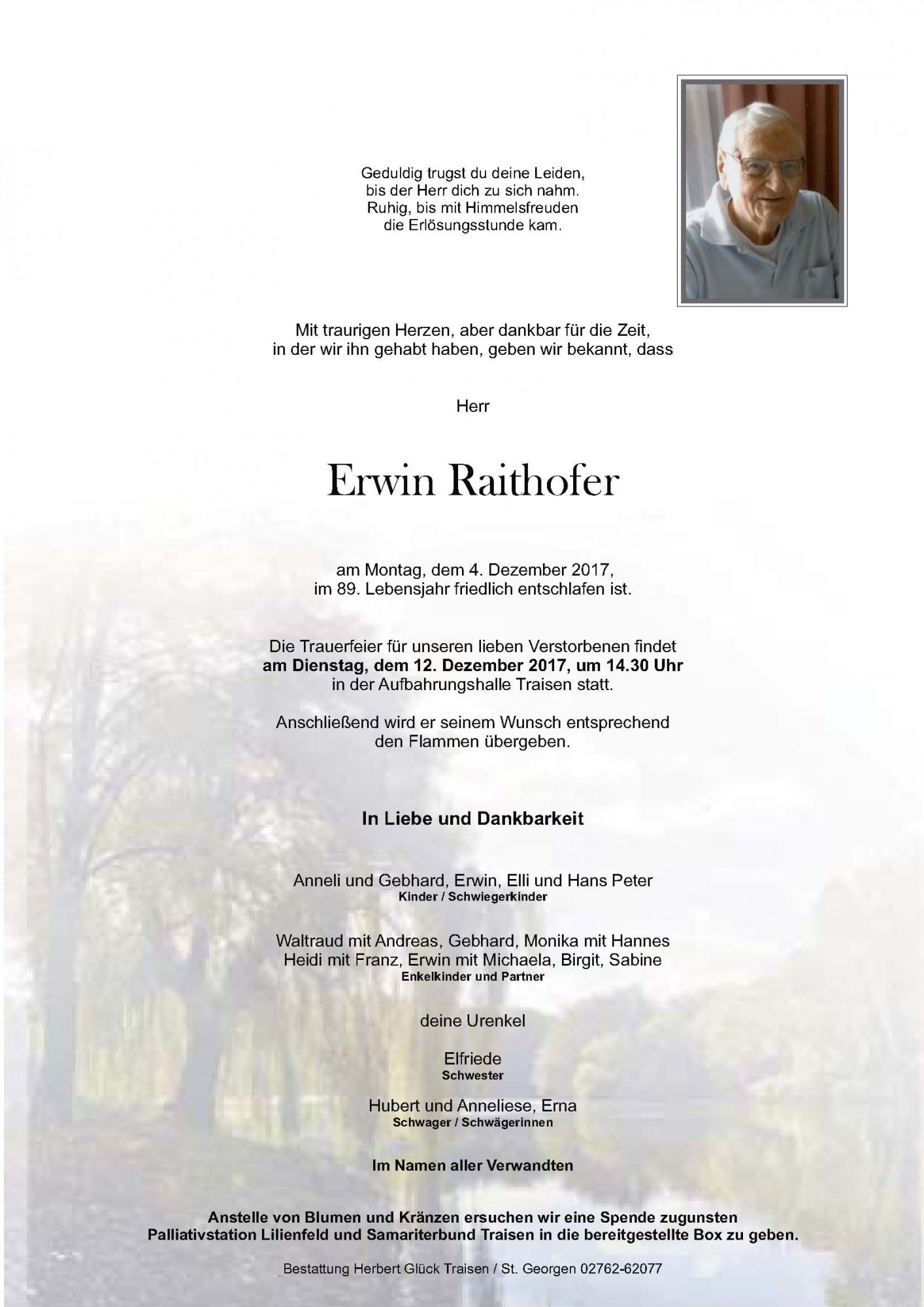 Traueranzeige von Erwin Raithofer