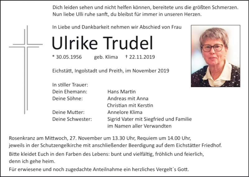 Traueranzeige von Ulrike Trudel
