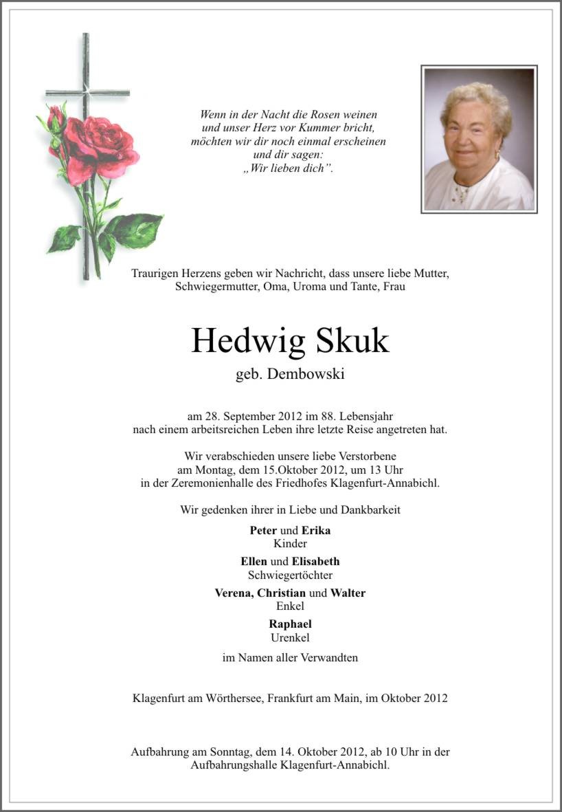 Traueranzeige von Hedwig Skuk