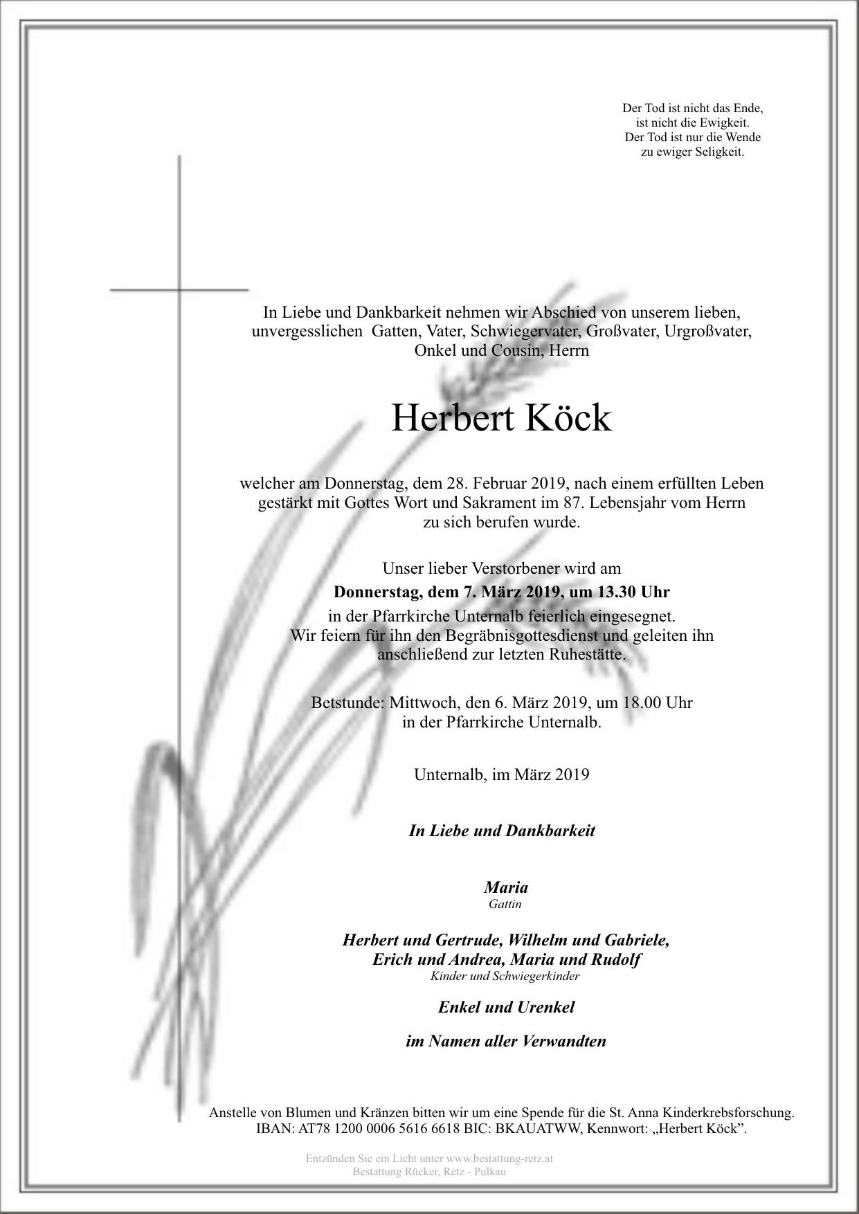 Traueranzeige von Herbert Köck