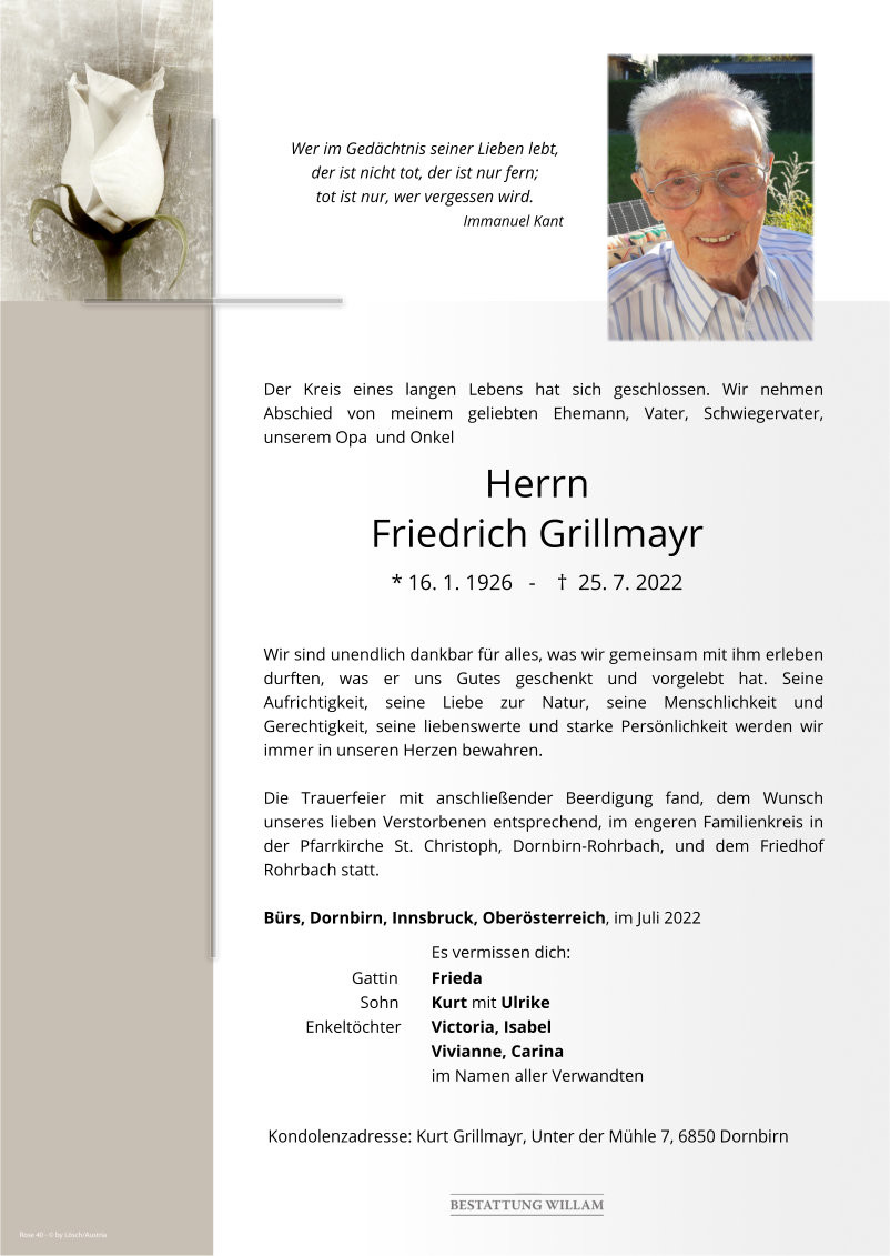 Traueranzeige von Friedrich Grillmayr