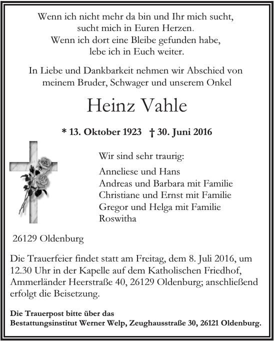 Traueranzeige von Heinz Vahle