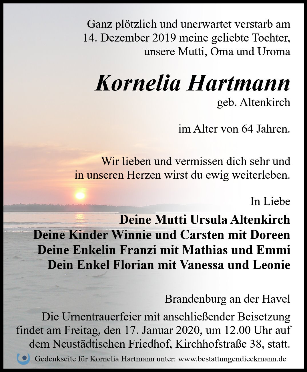 Traueranzeige von Kornelia Hartmann