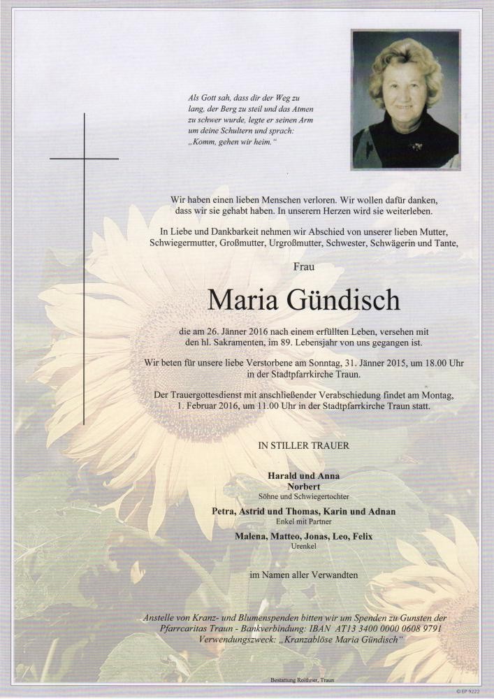 Traueranzeige von Maria Gündisch