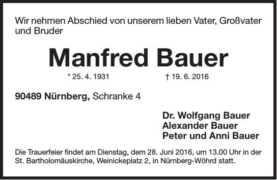 Traueranzeige von Manfred Bauer