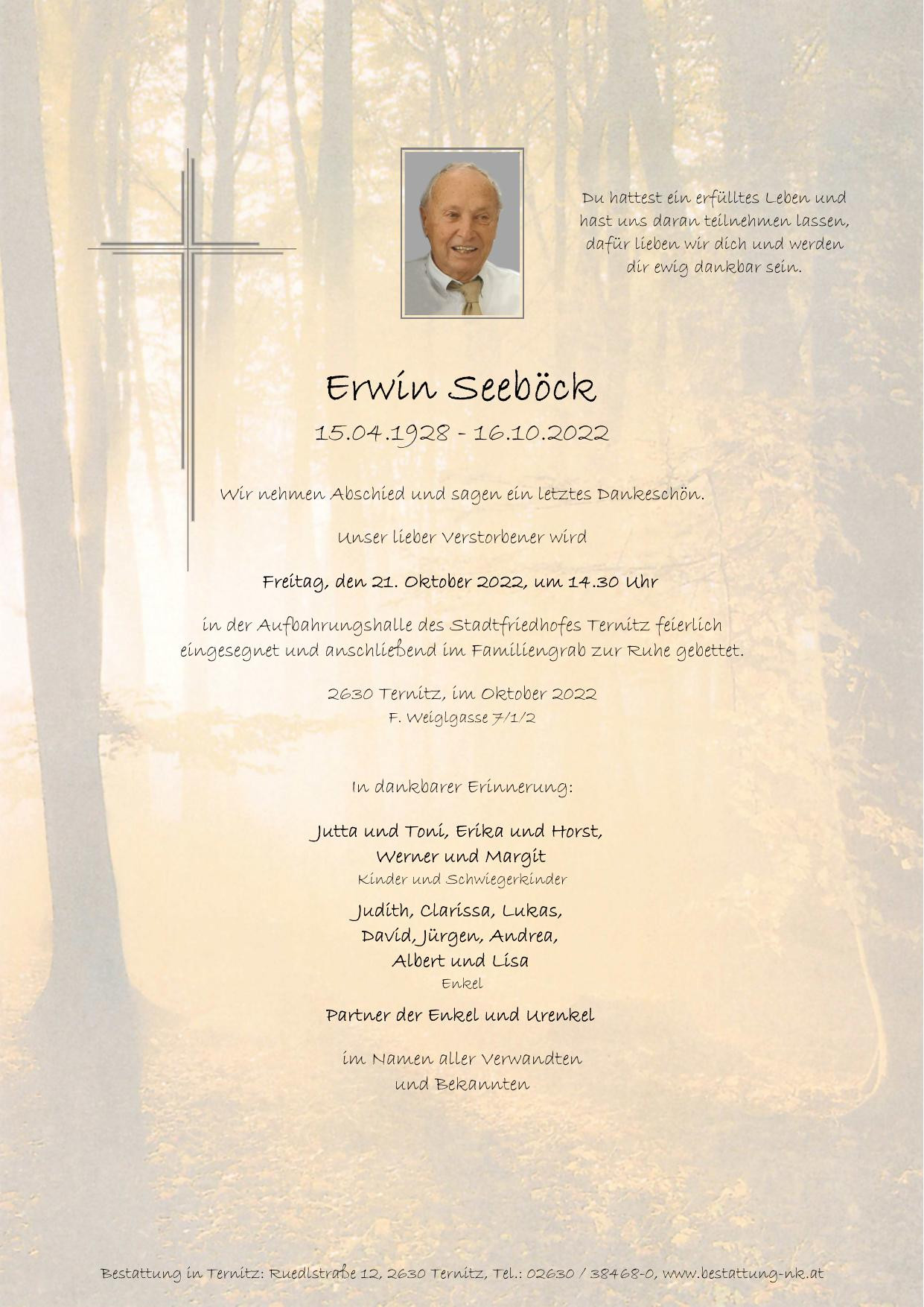 Traueranzeige von Erwin Seeböck
