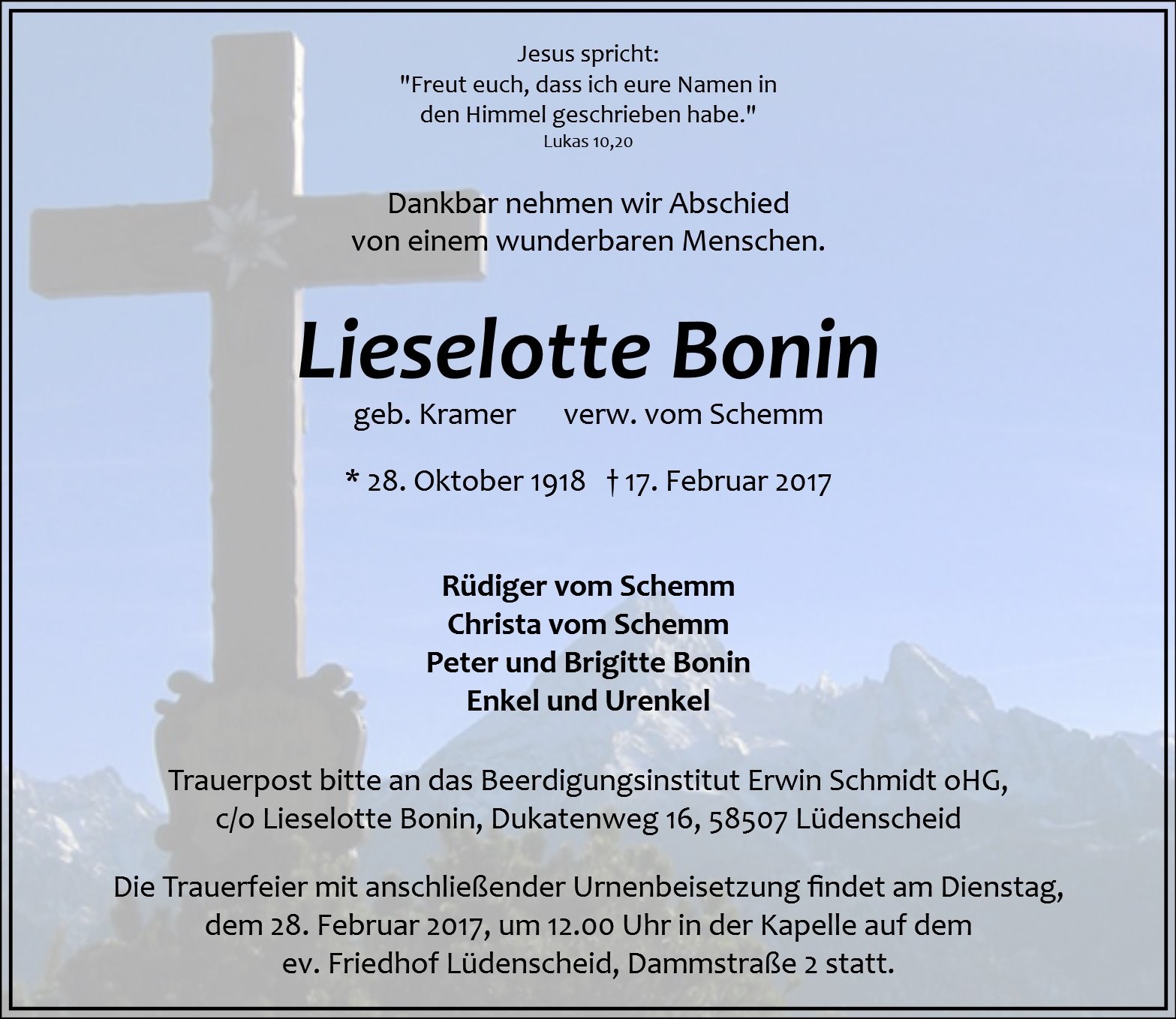 Traueranzeige von Lieselotte Bonin