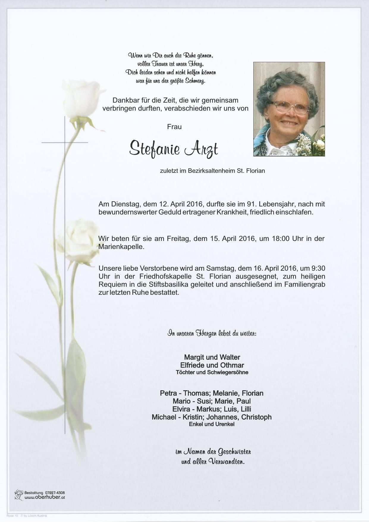 Traueranzeige von Stefanie Arzt