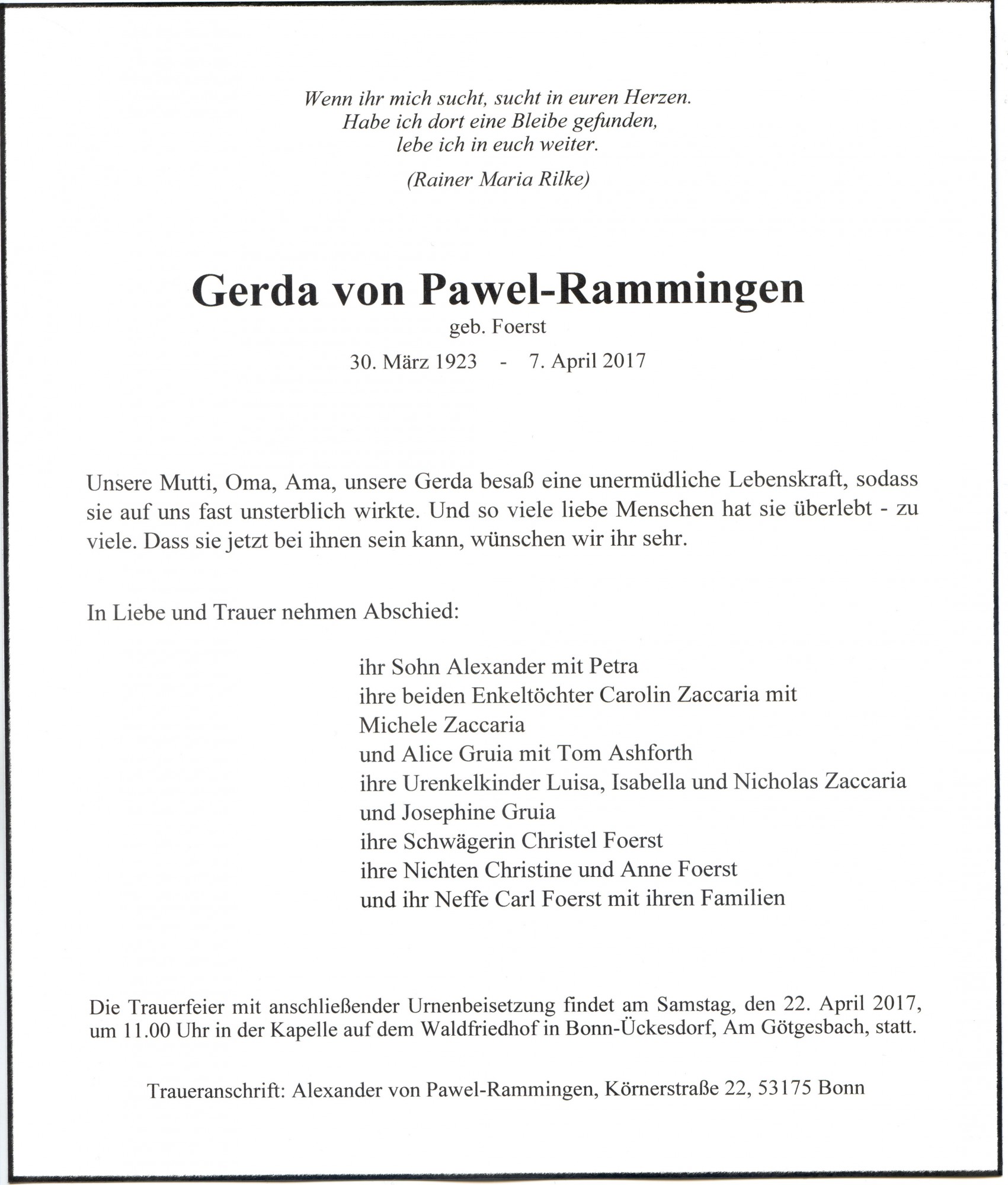 Traueranzeige von Gerda von Pawel-Rammingen