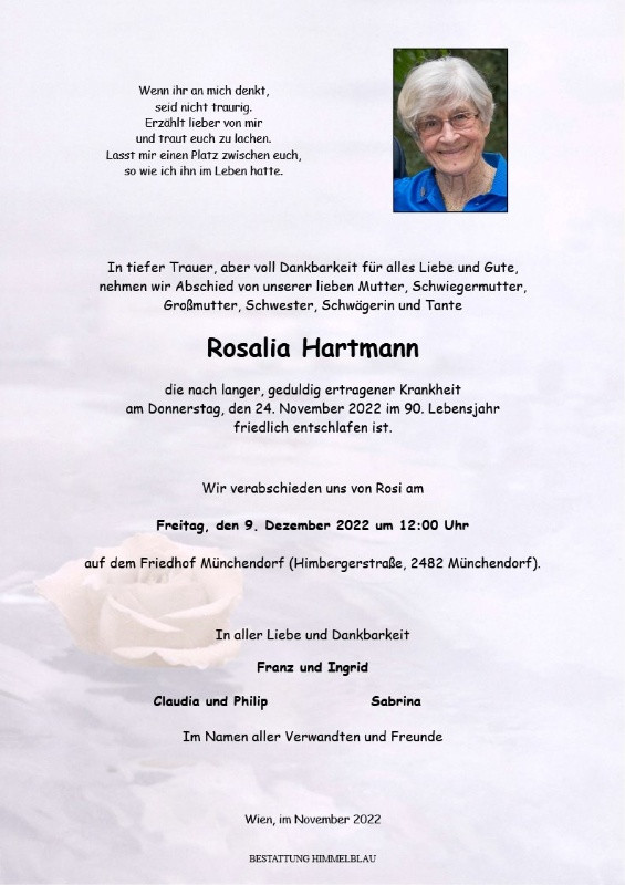 Traueranzeige von Rosalia Hartmann