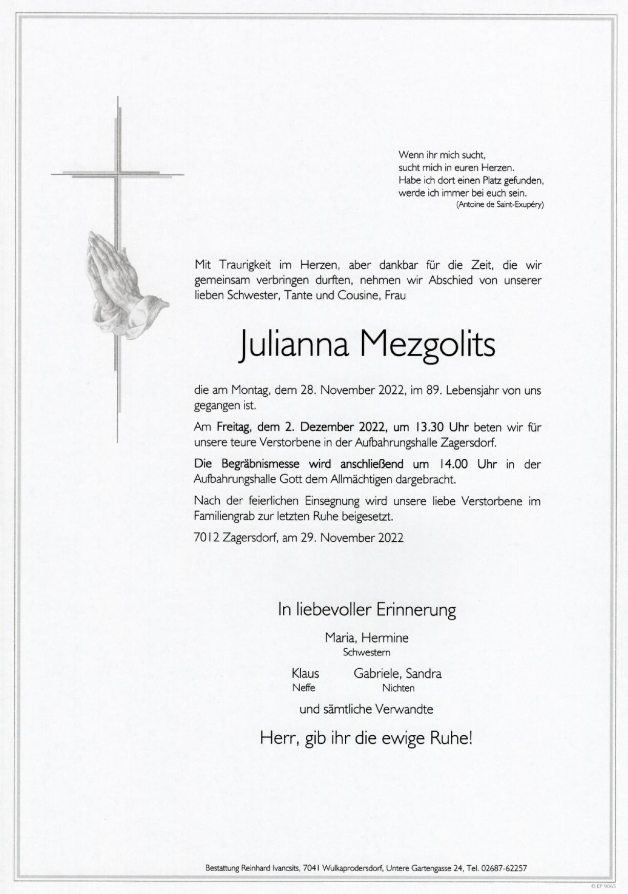 Traueranzeige von Julianna Mezgolits